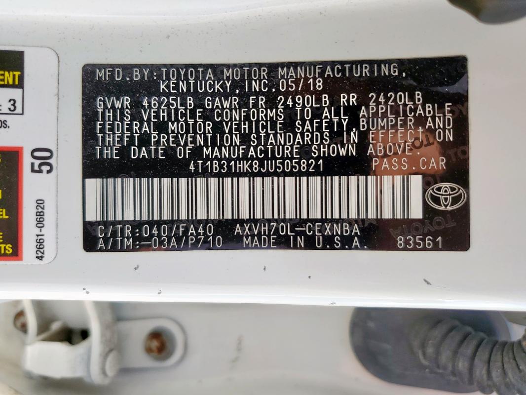 4T1B31HK8JU505821 - 2018 TOYOTA CAMRY LE Ağ foto 12