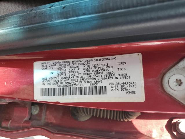 5TEGN92N82Z061712 - 2002 TOYOTA TACOMA DOUBLE CAB PRERUNNER RED photo 12