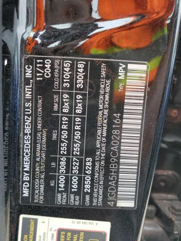 4JGDA5HB9CA028164 - 2012 MERCEDES-BENZ ML 350 4MATIC BLACK photo 12