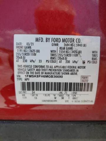 1FMSK8FH6MGB36690 - 2021 FORD EXPLORER LIMITED RED photo 13