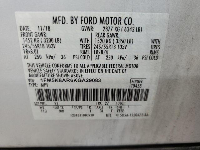 1FM5K8AR6KGA29083 - 2019 FORD EXPLORER POLICE INTERCEPTOR Blanc photo 12