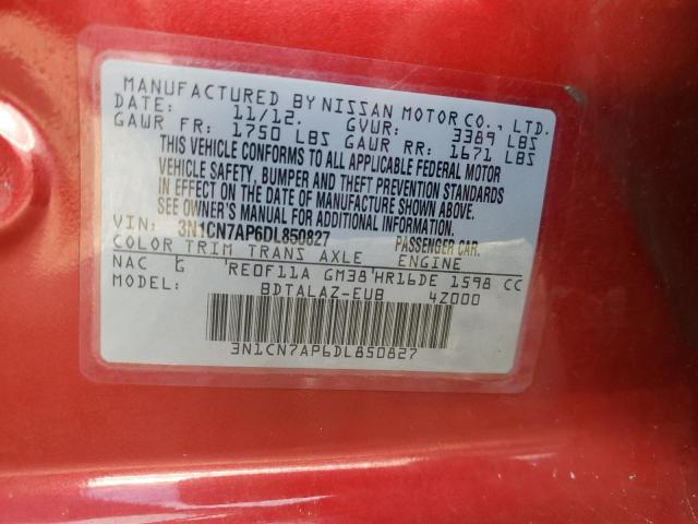 3N1CN7AP6DL850827 - 2013 NISSAN VERSA S RED photo 10