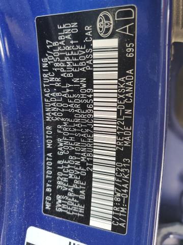 2T1BURHE7JC996549 - 2018 TOYOTA COROLLA L BLUE photo 12