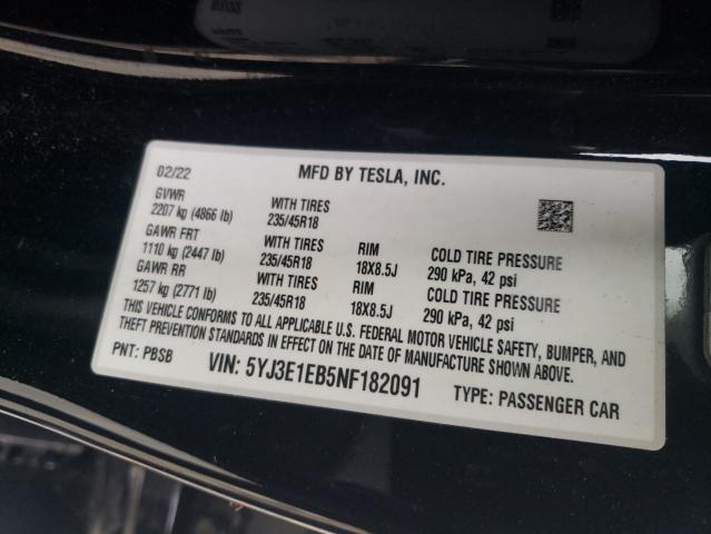5YJ3E1EB5NF182091 - 2022 TESLA MODEL 3 BLACK photo 13