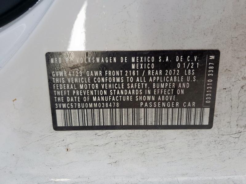 3VWC57BU0MM038478 - 2021 VOLKSWAGEN JETTA S 白色 照片 12