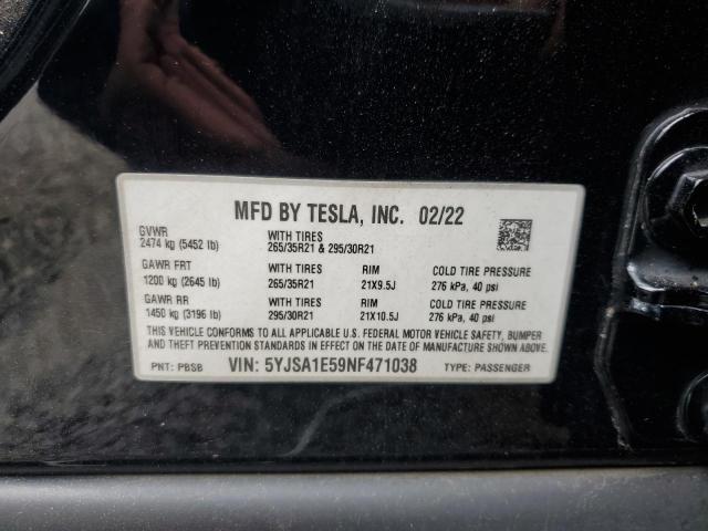 5YJSA1E59NF471038 - 2022 TESLA MODEL S BLACK photo 12