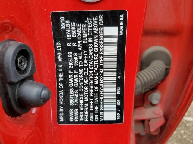 SHHFK7H51JU429193 - 2018 HONDA CIVIC EX RED photo 13