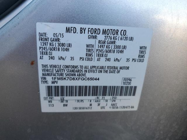 1FM5K7D8XFGC65044 - 2015 FORD EXPLORER XLT SILVER photo 13