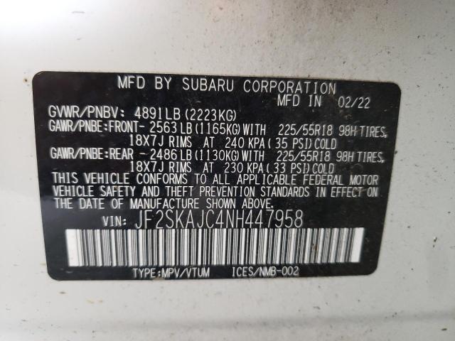 JF2SKAJC4NH447958 - 2022 SUBARU FORESTER SPORT WHITE photo 14