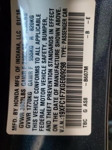 19XFC1F7XGE009298 - 2016 HONDA CIVIC EXL BLUE photo 12