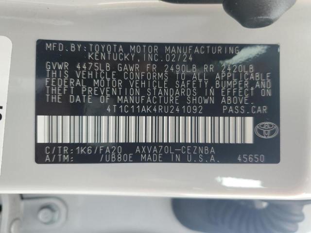 4T1C11AK4RU241092 - 2024 TOYOTA CAMRY LE WHITE photo 12