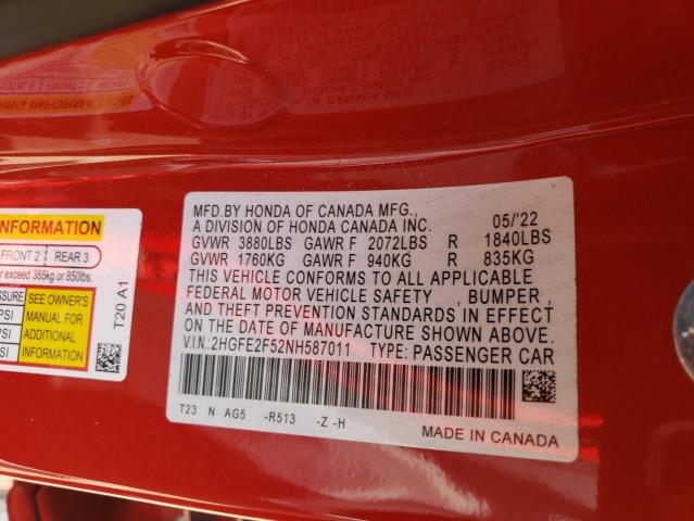 2HGFE2F52NH587011 - 2022 HONDA CIVIC SPORT 红色 照片 12