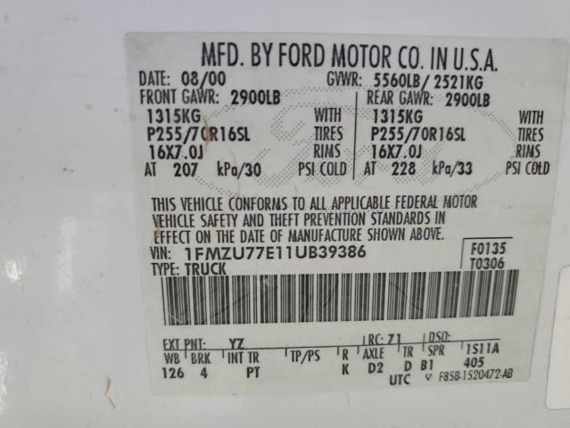 1FMZU77E11UB39386 - 2001 FORD EXPLORER S WHITE photo 13