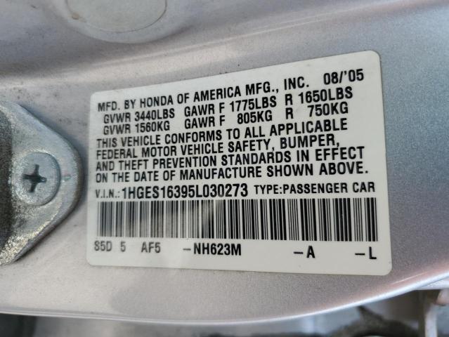 1HGES16395L030273 - 2005 HONDA CIVIC DX VP SILVER photo 12