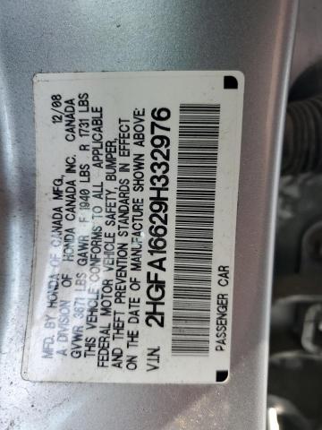 2HGFA16629H332976 - 2009 HONDA CIVIC LX-S Արծաթագույն լուսանկար 12