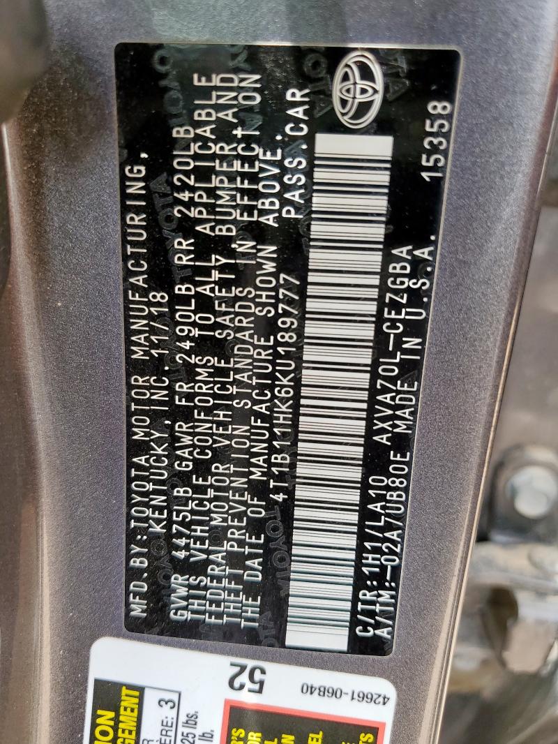 4T1B11HK6KU189777 - 2019 TOYOTA CAMRY L 灰色 照片 12