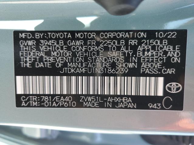 JTDKAMFU1N3186239 - 2022 TOYOTA PRIUS NIGHT SHADE TURQUOISE photo 12