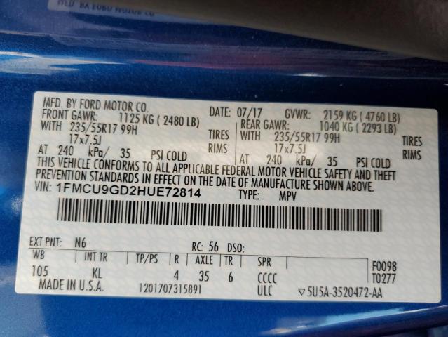 1FMCU9GD2HUE72814 - 2017 FORD ESCAPE SE BLUE photo 13