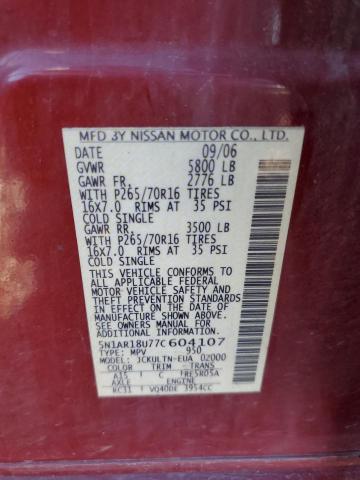 5N1AR18U77C604107 - 2007 NISSAN PATHFINDER LE BURGUNDY photo 12