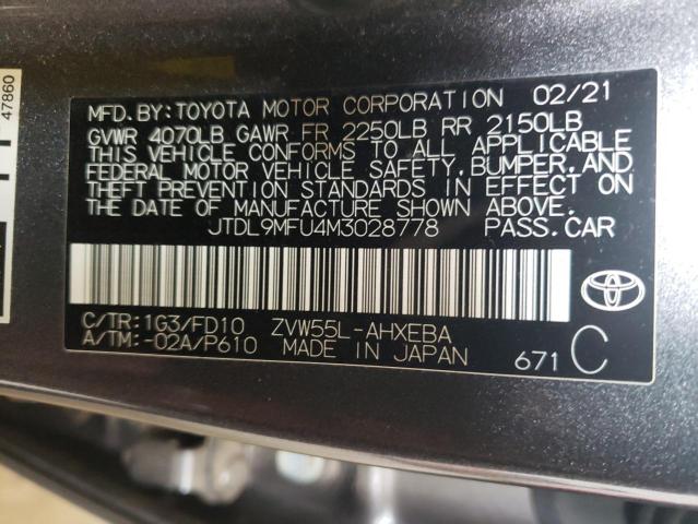 JTDL9MFU4M3028778 - 2021 TOYOTA PRIUS LE GRAY photo 12