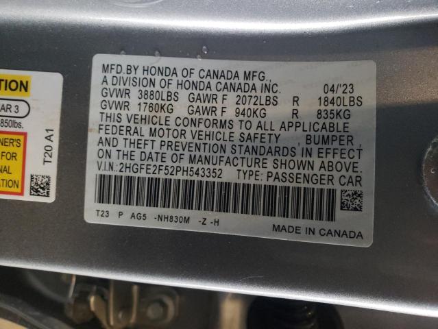 2HGFE2F52PH543352 - 2023 HONDA CIVIC SPORT GRAY photo 12