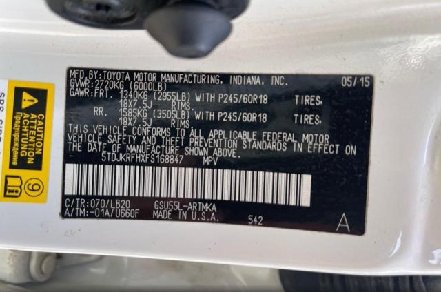 5TDJKRFHXFS168847 - 2015 TOYOTA HIGHLANDER XLE WHITE photo 10