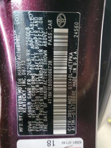 4T1BK1EB0DU066738 - 2013 TOYOTA AVALON BASE 勃艮第红 照片 12