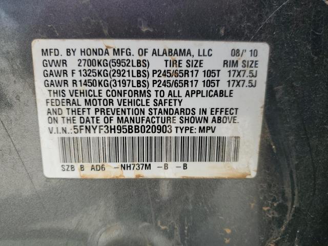 5FNYF3H95BB020903 - 2011 HONDA PILOT TOURING GRAY photo 13