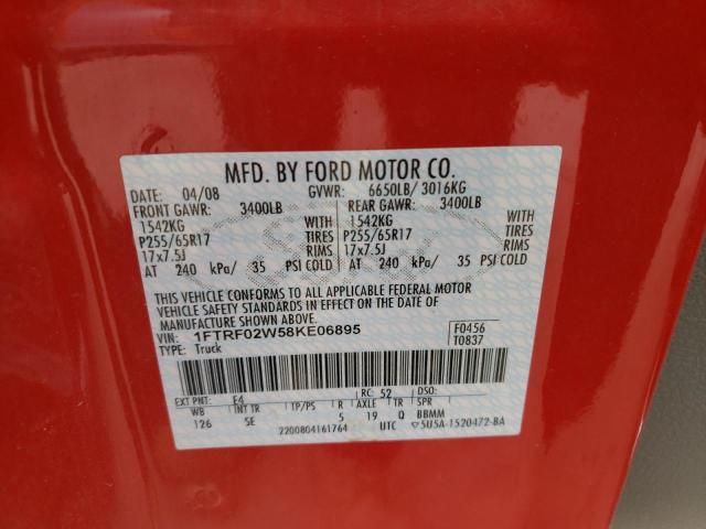 1FTRF02W58KE06895 - 2008 FORD F150 RED photo 13