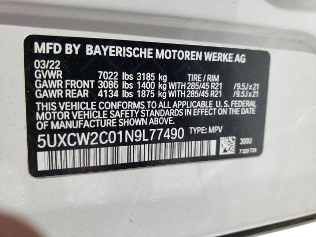 5UXCW2C01N9L77490 - 2022 BMW X7 XDRIVE40I WHITE photo 12
