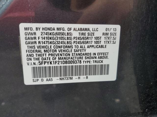 5FPYK1F21DB009378 - 2013 HONDA RIDGELINE RT GRAY photo 12