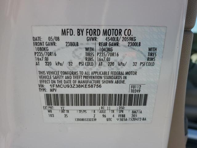 1FMCU93Z38KE58756 - 2008 FORD ESCAPE XLT WHITE photo 13