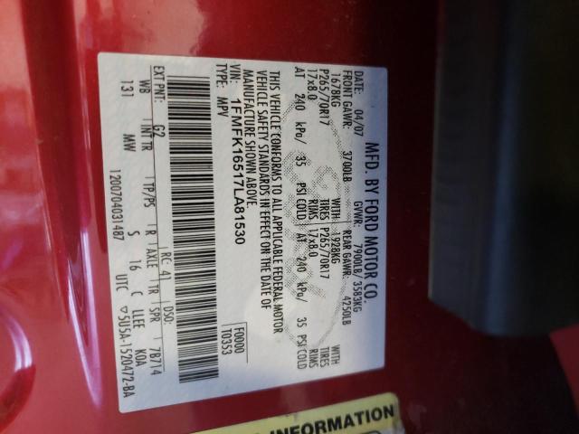 1FMFK16517LA81530 - 2007 FORD EXPEDITION EL XLT RED photo 10