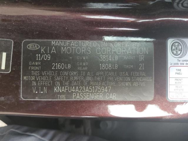 KNAFU4A23A5175947 - 2010 KIA FORTE EX MAROON photo 12