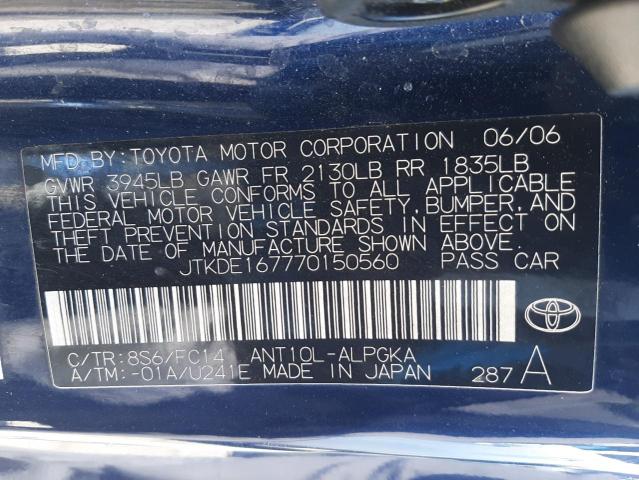 JTKDE167770150560 - 2007 TOYOTA SCION TC BLUE photo 10