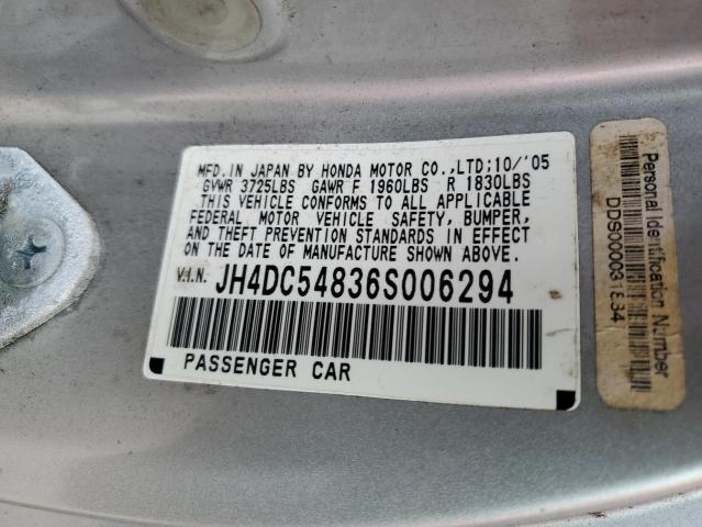 JH4DC54836S006294 - 2006 ACURA RSX SILVER photo 12