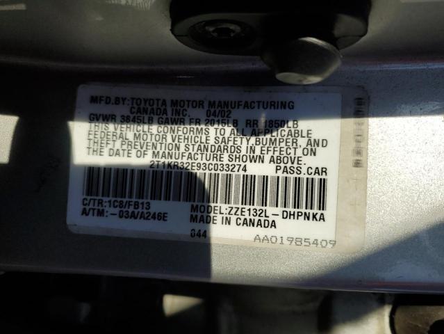 2T1KR32E93C033274 - 2003 TOYOTA COROLLA MA XR TWO TONE photo 12