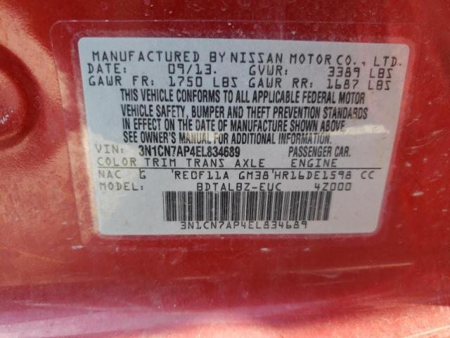 3N1CN7AP4EL834689 - 2014 NISSAN VERSA S RED photo 13