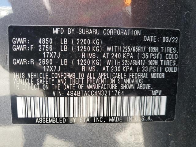 4S4BTACC4N3211764 - 2022 SUBARU OUTBACK PREMIUM GRAY photo 14