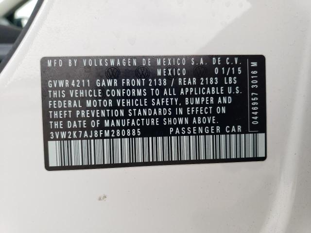 3VW2K7AJ8FM280885 - 2015 VOLKSWAGEN JETTA BASE 白色 照片 12