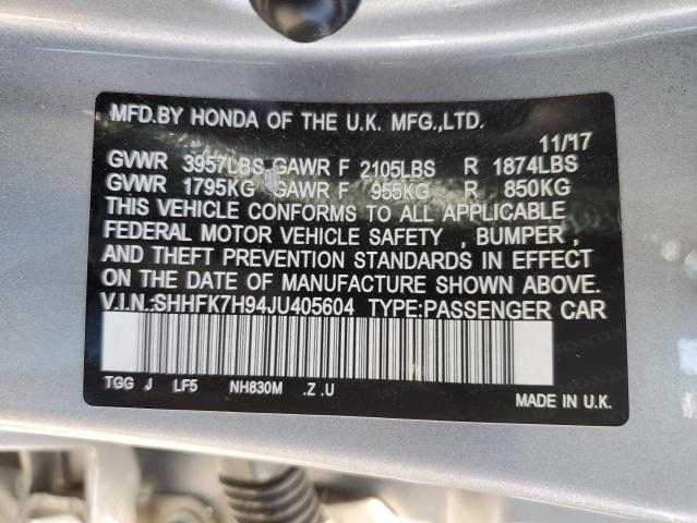 SHHFK7H94JU405604 - 2018 HONDA CIVIC SPORT TOURING SILVER photo 12