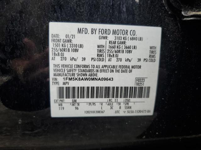 1FM5K8AW0MNA09643 - 2021 FORD EXPLORER POLICE INTERCEPTOR BLACK photo 12