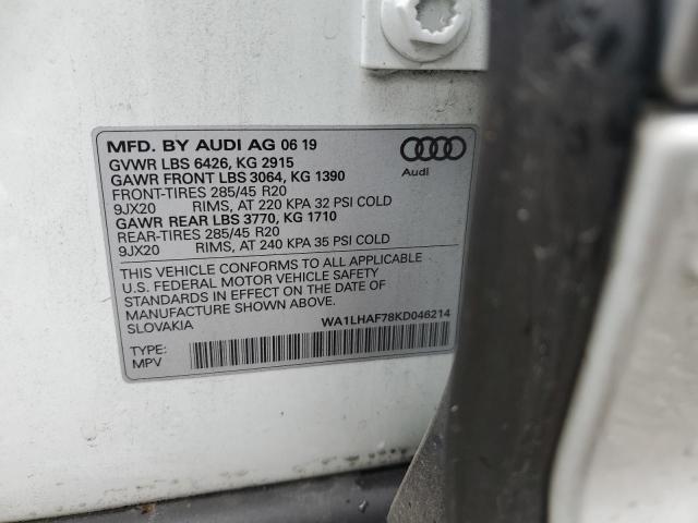 WA1LHAF78KD046214 - 2019 AUDI Q7 PREMIUM PLUS WHITE photo 13