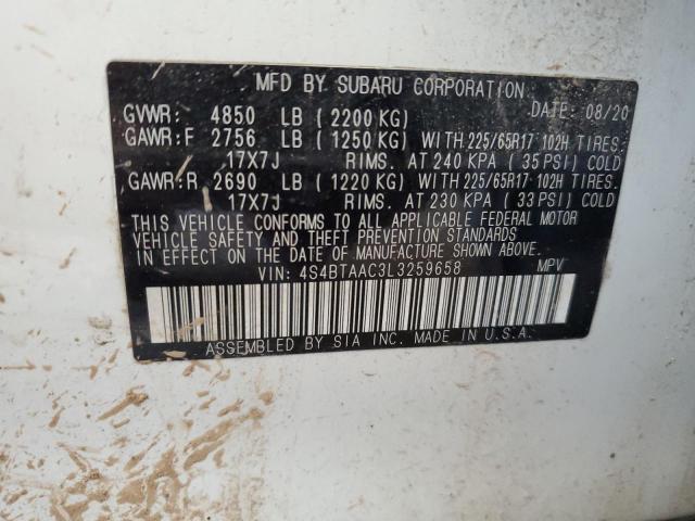 4S4BTAAC3L3259658 - 2020 SUBARU OUTBACK WHITE photo 13