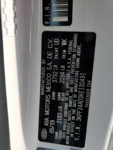 3KPF24AD3KE130491 - 2019 KIA FORTE FE WHITE photo 12