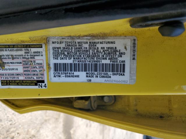 2T1KR32E14C299051 - 2004 TOYOTA COROLLA MA XR YELLOW photo 12