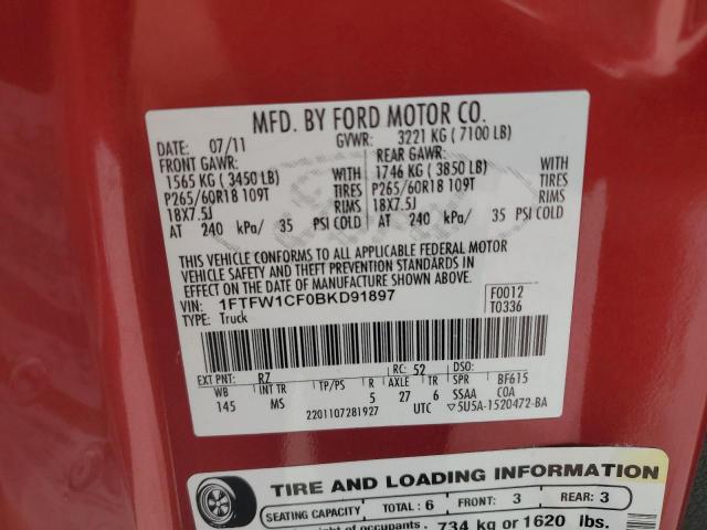 1FTFW1CF0BKD91897 - 2011 FORD F150 SUPERCREW RED photo 12