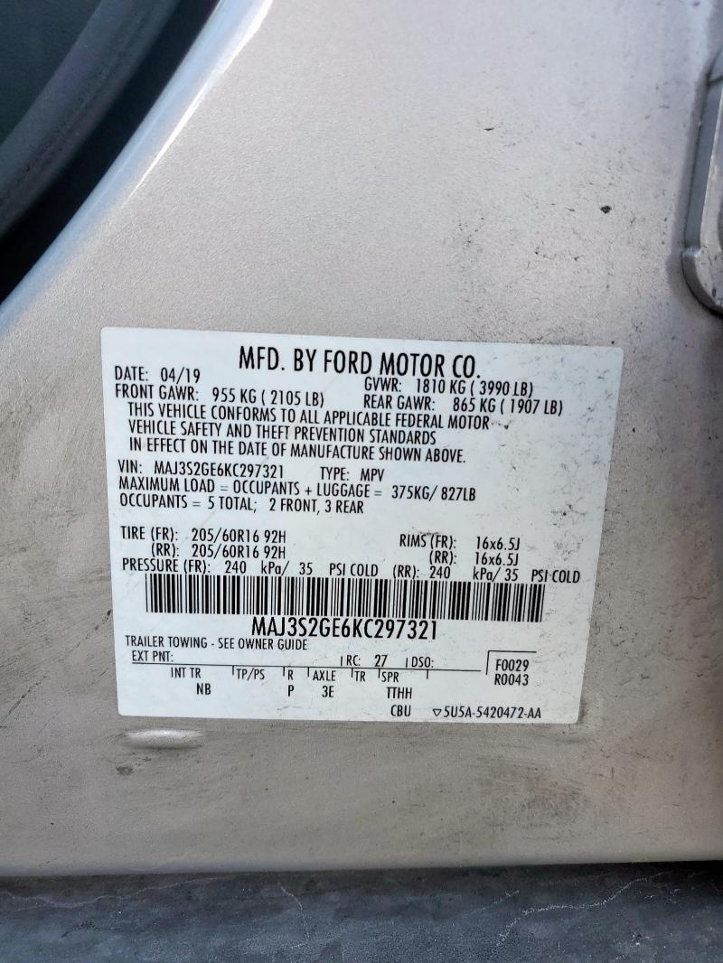 MAJ3S2GE6KC297321 - 2019 FORD ECOSPORT SE ვერცხლისფერი ფოტო 12