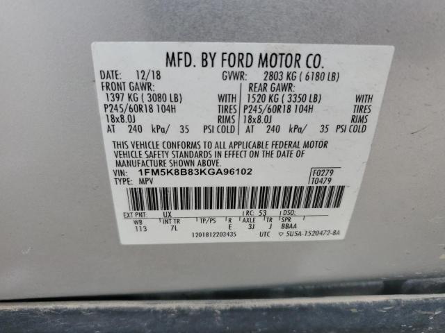 1FM5K8B83KGA96102 - 2019 FORD EXPLORER ვერცხლისფერი ფოტო 13
