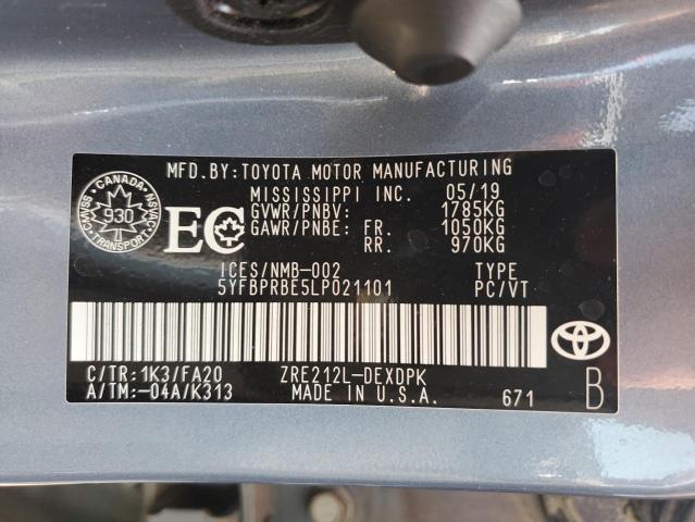 5YFBPRBE5LP021101 - 2020 TOYOTA COROLLA LE Синій фото 12